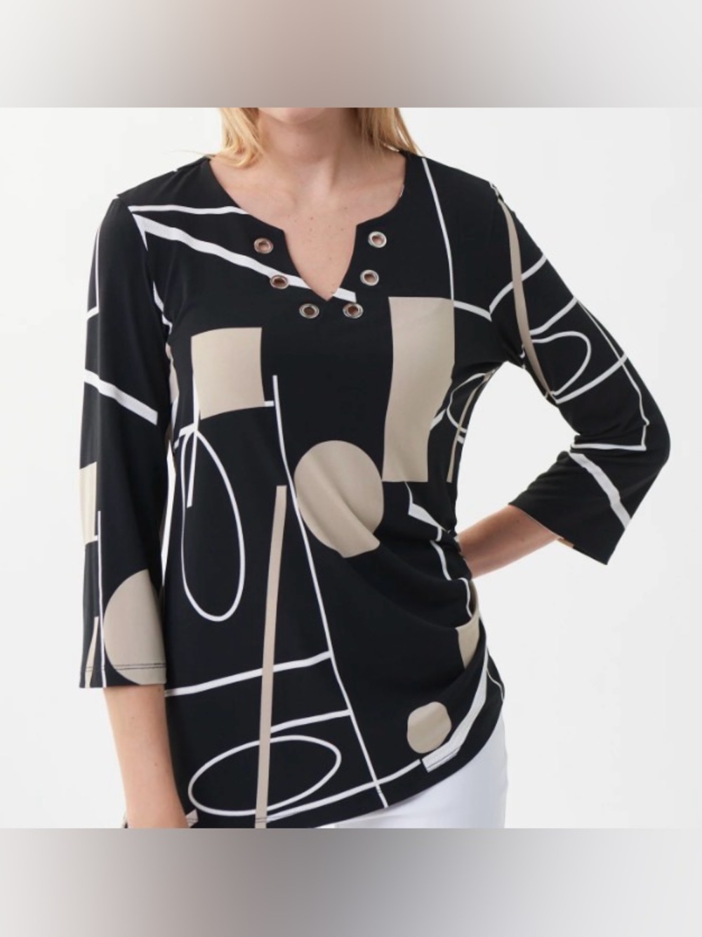 Joseph Ribkoff Geometric Print Black and Beige V-Neck Women’s Tunic Top